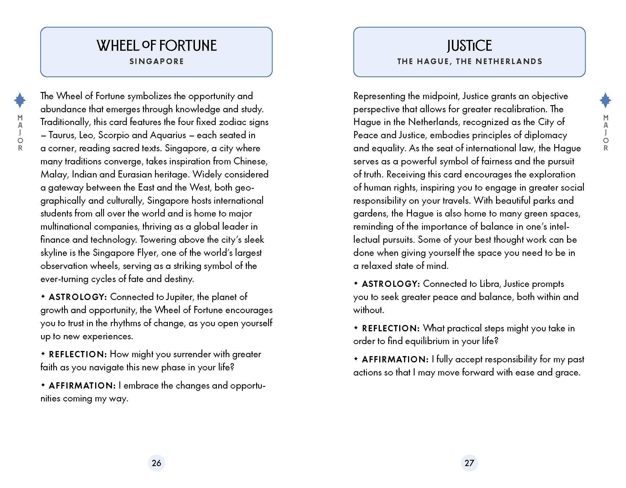 Two pages from a book or magazine about the Wheel of Fortune and Justice, featuring text and graphics.