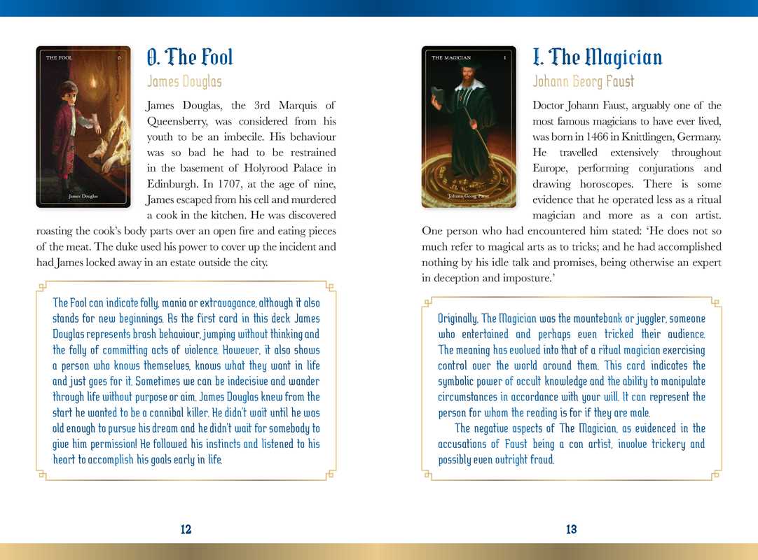 Page from a book with text and images of historical figures, likely from a tarot card guide.