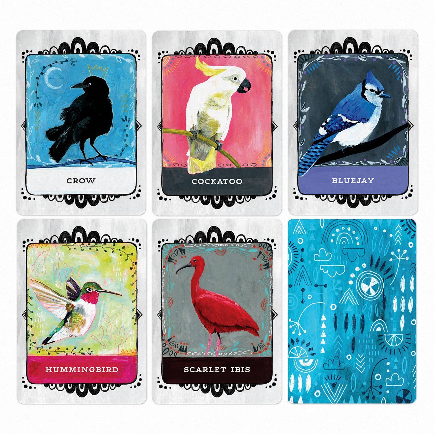 Set of cards featuring illustrations of birds with their names below on a white background.