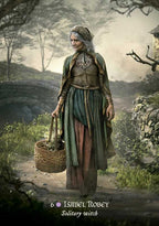 A tarot-style illustration labeled '6 Isabel Robey Solitary witch' shows a woman in medieval-style clothing standing on a path in a misty forest, holding a wicker basket. The image appears to be the artwork itself rather than a product photographed in a studio or lifestyle setting.