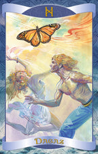 Tarot card featuring two people and a butterfly with 'Dagaz' at the bottom.