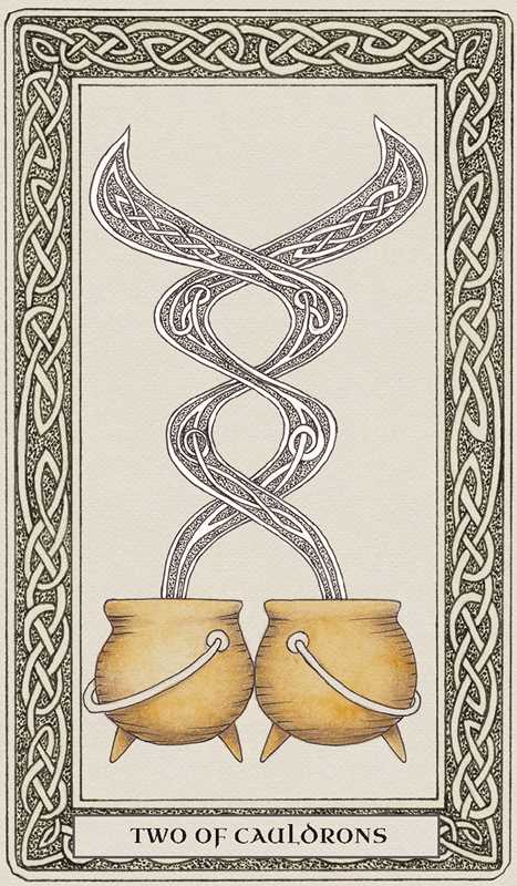 Two cauldrons with a snake coiled above them on a card with Celtic knot design.