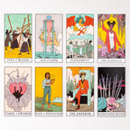 Set of tarot cards with colorful illustrations and text
