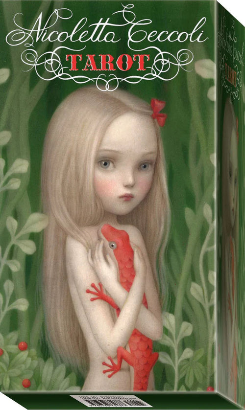 Tarot card box with illustration of a girl holding a red lizard on a green background