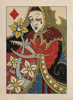 Colorful illustration of a character with flowers and a sword on a beige background