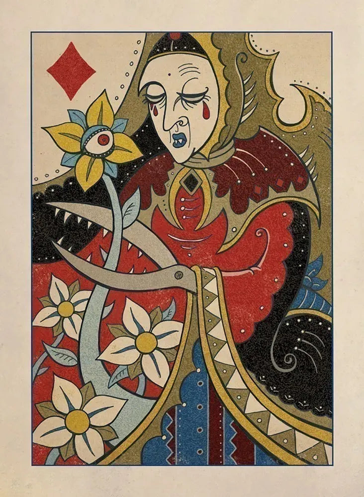 Colorful illustration of a character with flowers and a sword on a beige background