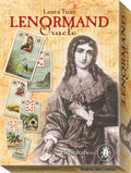 Lenormand Oracle card set packaging with cards and woman illustration on a beige background