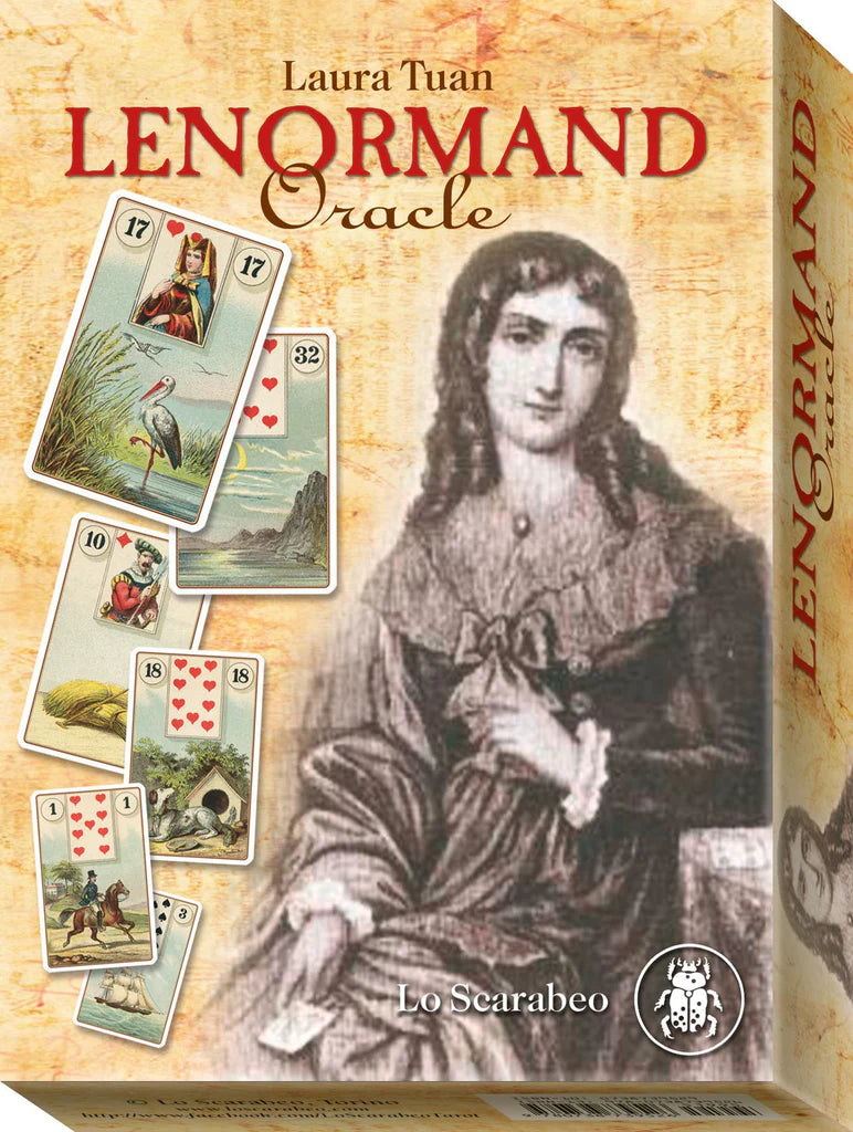 Lenormand Oracle card set packaging with cards and woman illustration on a beige background