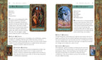 Pages from a tarot card book showing two tarot cards with detailed artwork and text.