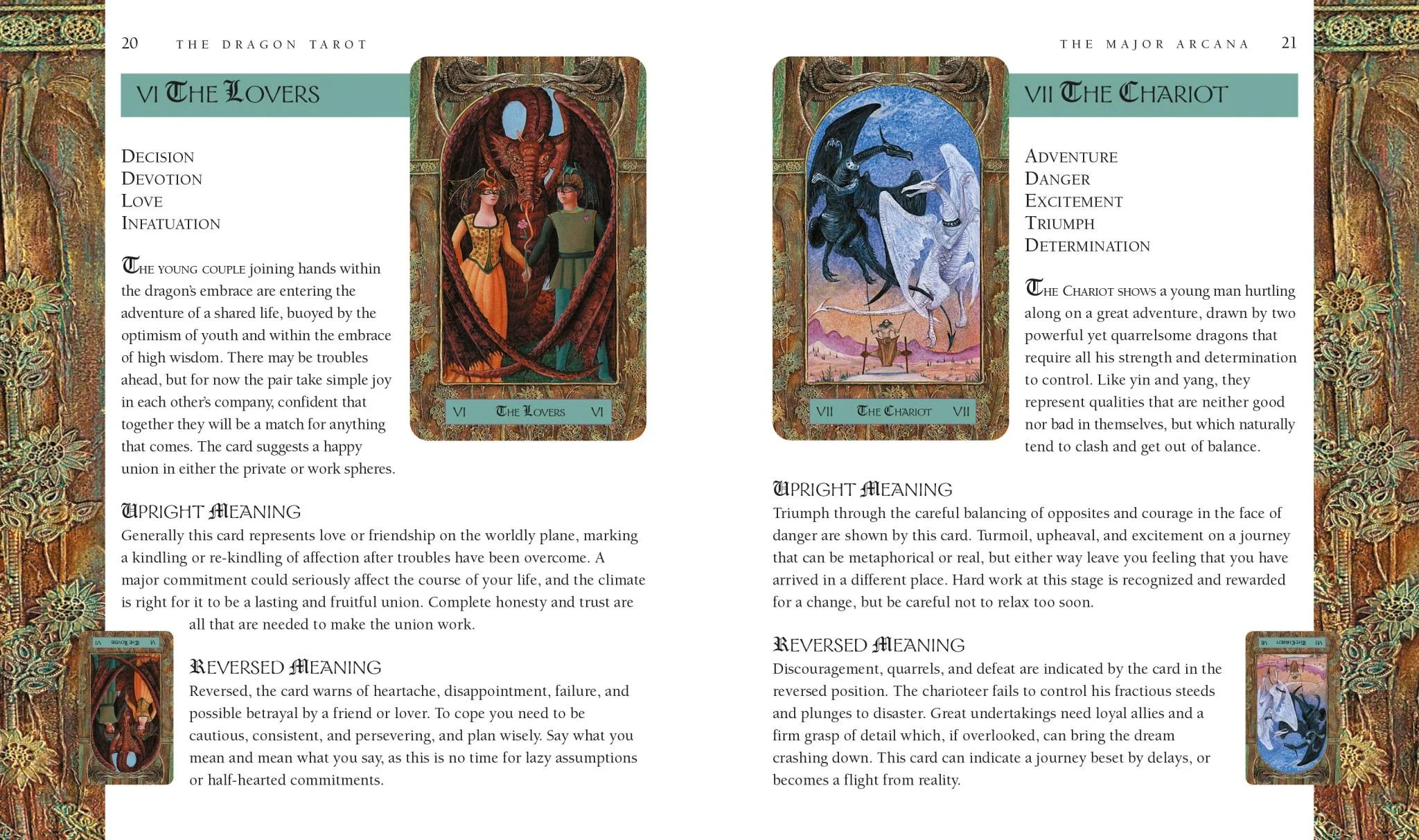 Pages from a tarot card book showing two tarot cards with detailed artwork and text.