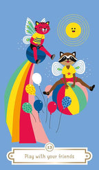 Illustration of a cat and a raccoon with fairy wings on colorful balls against a blue background.