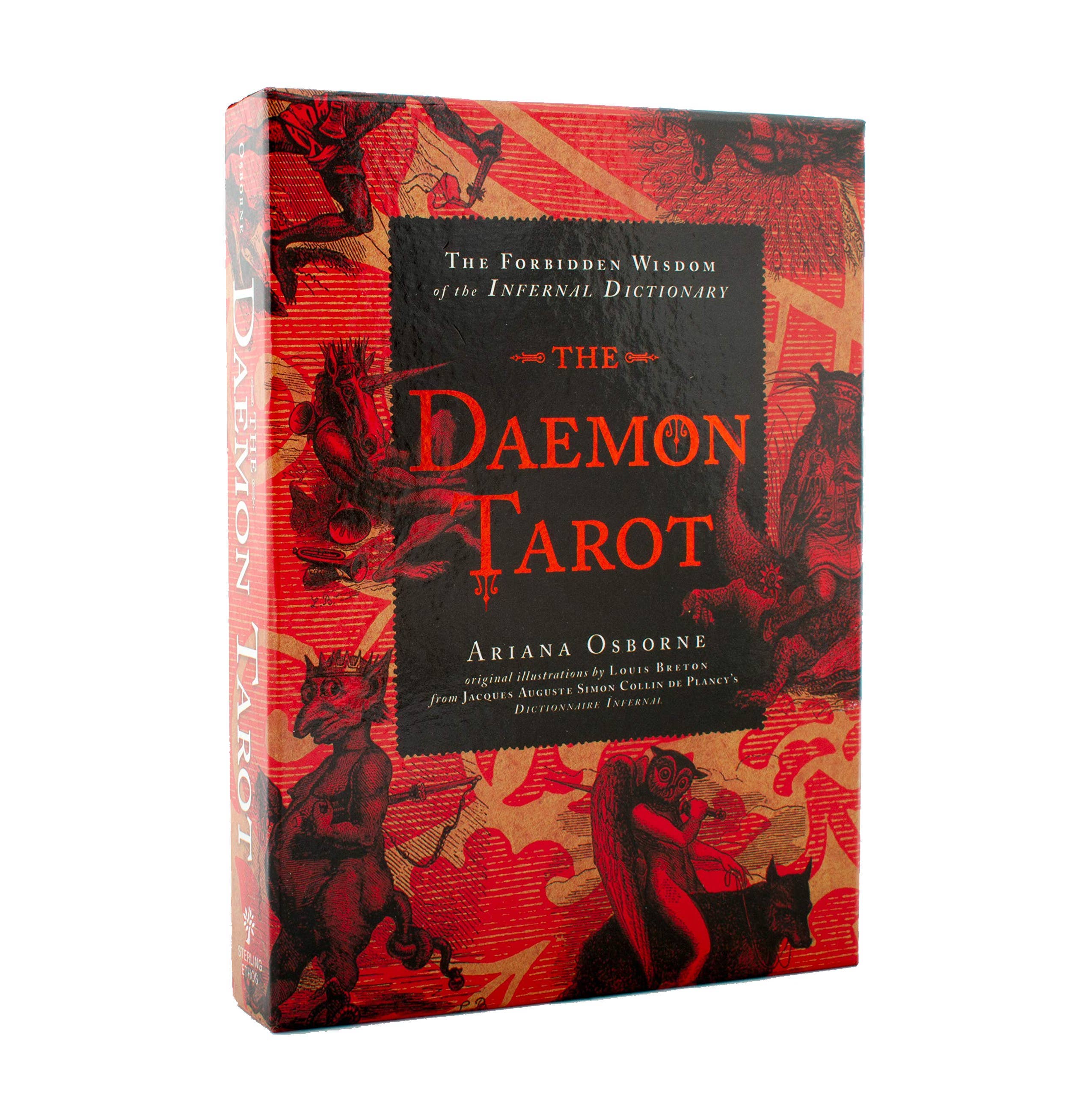 The Daemon Tarot book cover with red and black design on a white background