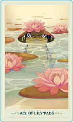 Card featuring a frog peeking out from under a pink water lily with 'Ace of Lily Pads' text at the bottom.