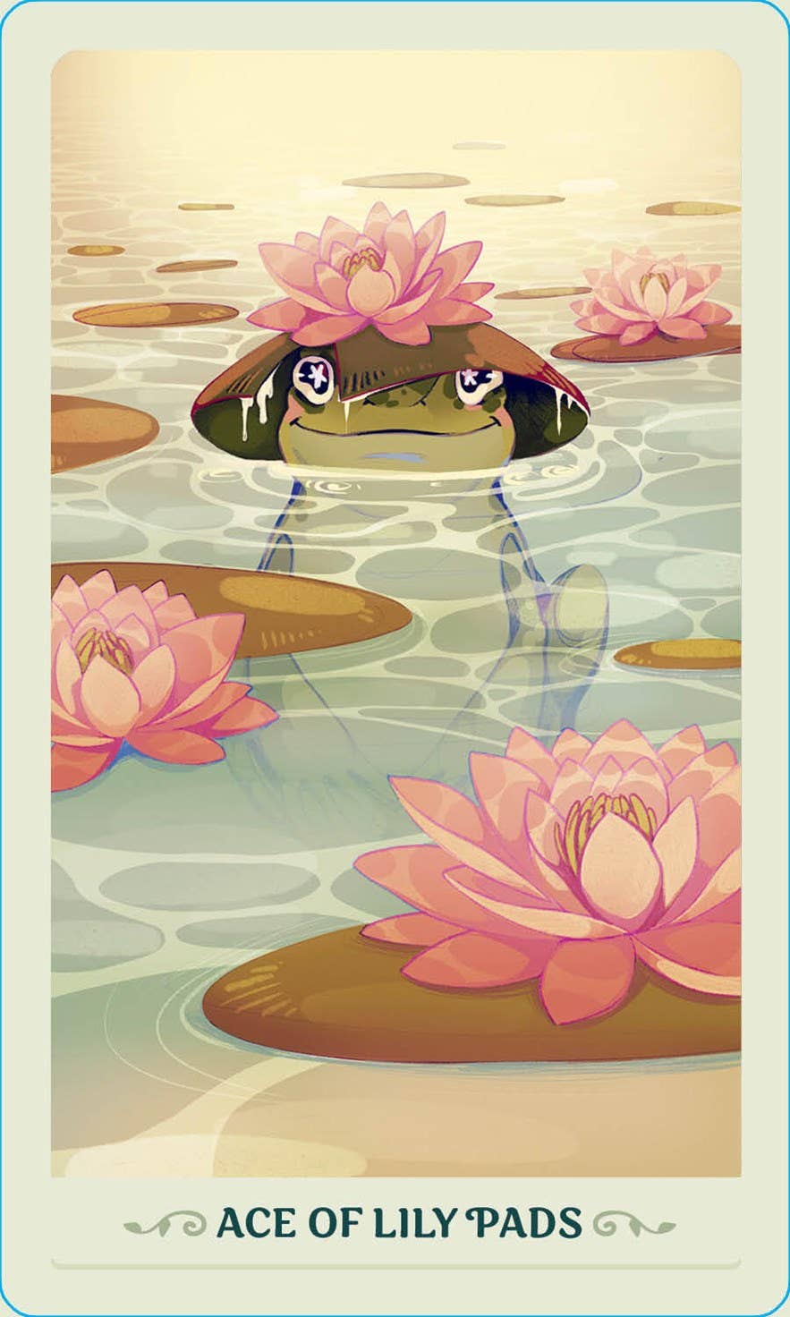 Card featuring a frog peeking out from under a pink water lily with 'Ace of Lily Pads' text at the bottom.