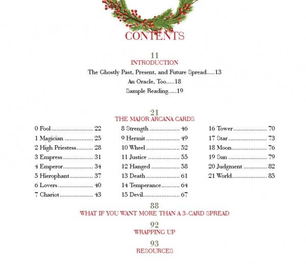 A printed table of contents page with red and black text on a white background, topped with a green wreath illustration. The page lists chapter and section headings such as Introduction, The Major Arcana Cards, and Wrapping Up.