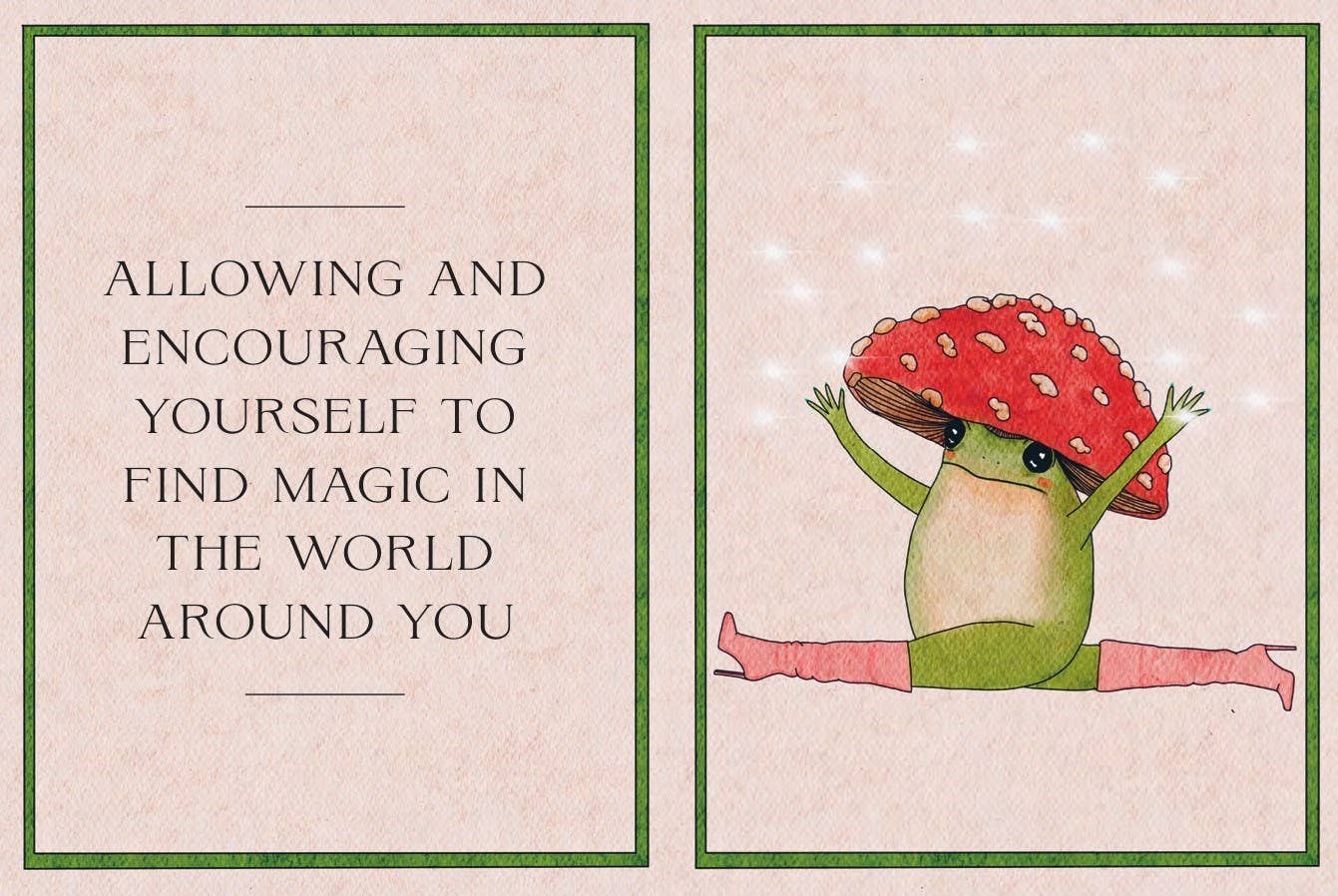 Illustration of a frog with a red mushroom on its back, surrounded by stars, with a motivational quote on a light pink background.