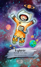 Watercolor-style illustration of a child astronaut floating in outer space, with planets, stars, and a banner reading 'Explorer' and 'Bravery. New skills.