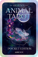 Cover of 'Oriens Animal Tarot' pocket edition with tarot card design and text.