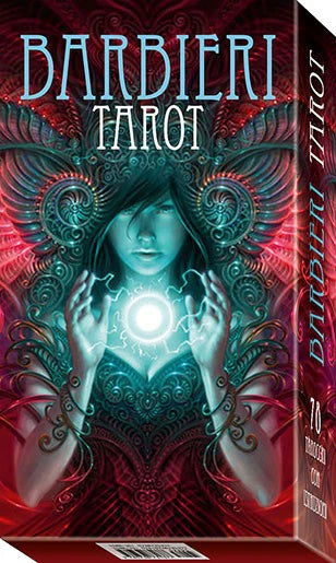 Box of Barbieri Tarot with a woman holding a glowing card design.