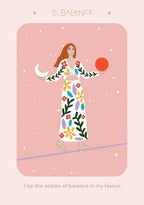Illustration of a woman in a floral dress with a moon and sun symbol, on a pink background with text '5. Balance'.