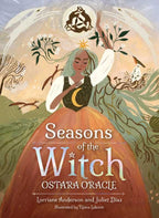 Book cover of 'Seasons of the Witch: Ostara Oracle' with a stylized illustration of a woman in a dress surrounded by nature elements.
