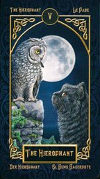 Card featuring an owl and a wolf under a moonlit sky with decorative border and text.