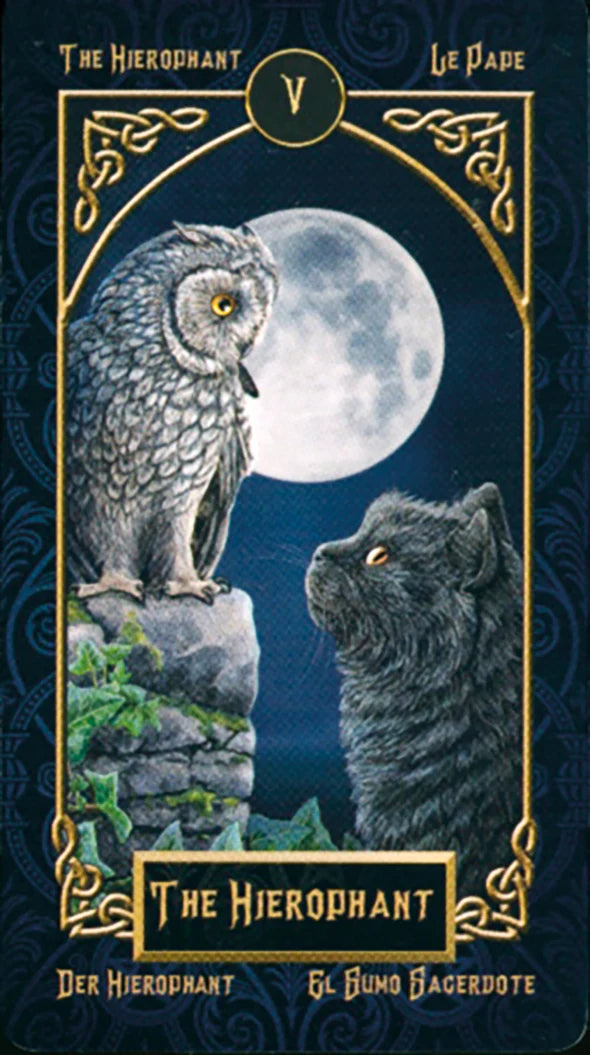 Card featuring an owl and a wolf under a moonlit sky with decorative border and text.