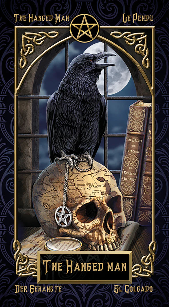 Tarot card featuring a raven on a skull with a pentagram, titled 'The Hanged Man'.
