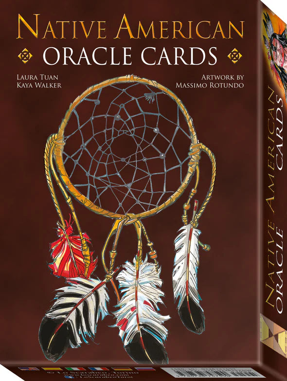 Native American Oracle Cards packaging with a dreamcatcher illustration on a brown background
