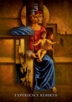 Artistic depiction of a woman holding a child with abstract elements and text overlay.
