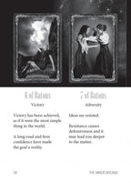 Two tarot cards titled '6 of Batons' and '7 of Batons' with descriptions below on a dark background.