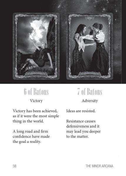 Two tarot cards titled '6 of Batons' and '7 of Batons' with descriptions below on a dark background.