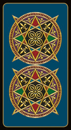 Decorative card with star designs and colorful patterns on a blue background