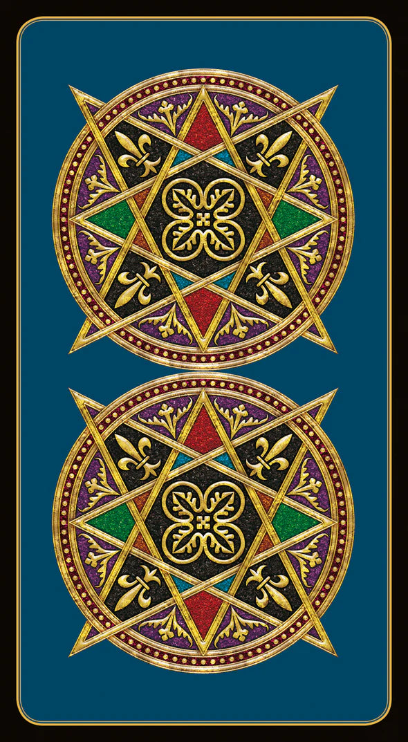 Decorative card with star designs and colorful patterns on a blue background