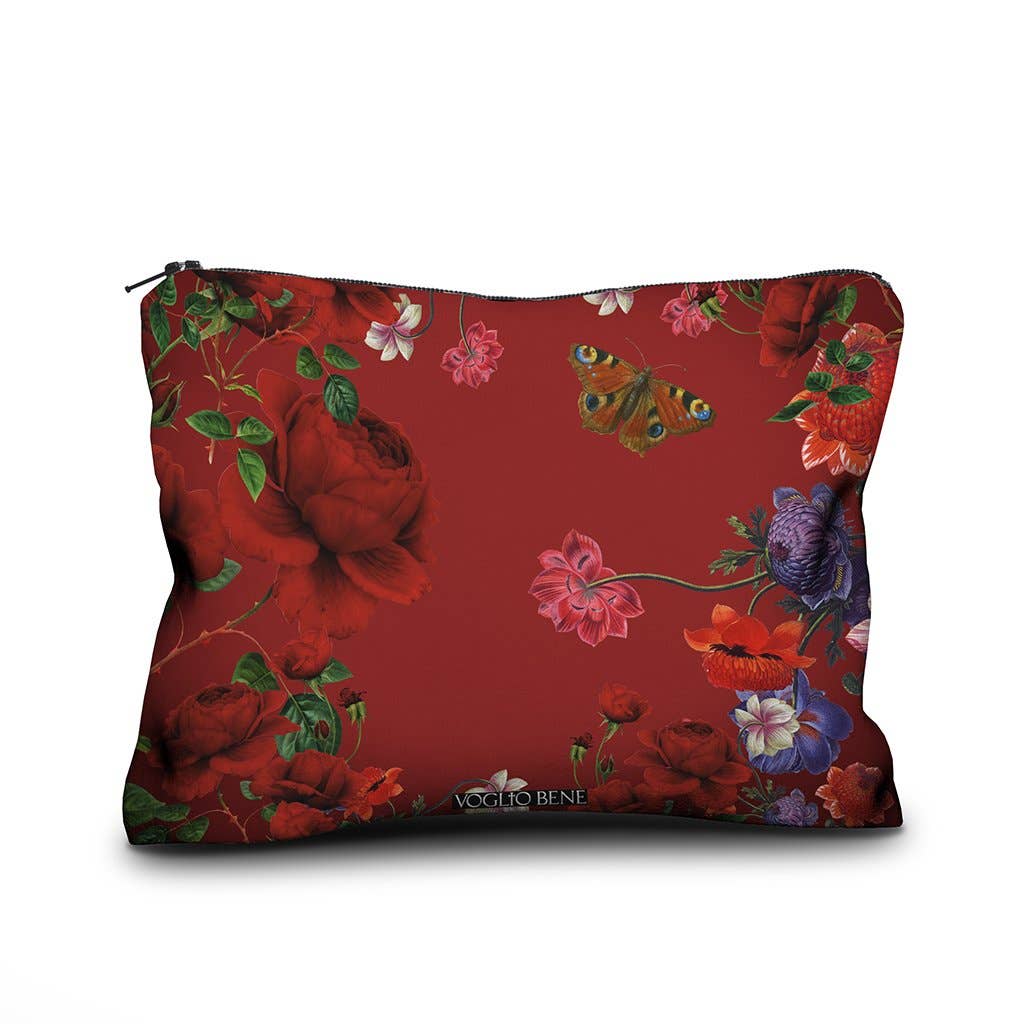Floral-patterned pouch with red background on a white background