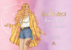 Book cover of 'Goddesses Among Us' with a stylized illustration of a woman on a pink background.