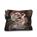 Decorative travel pouch with artistic design of two figures embracing on a floral background