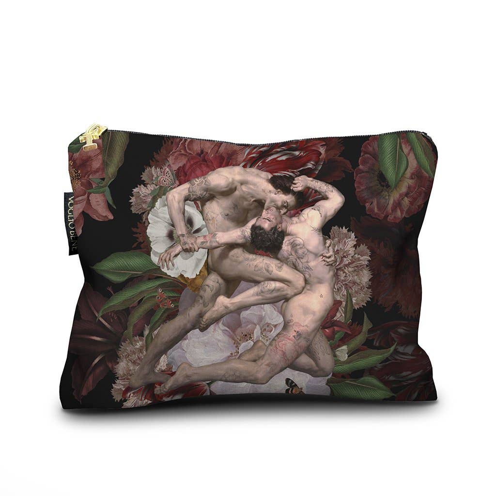 Decorative travel pouch with artistic design of two figures embracing on a floral background