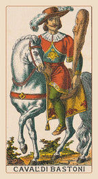 Card from a tarot deck featuring a person on horseback with a large stick, labeled 'Caval Di Bastoni'.