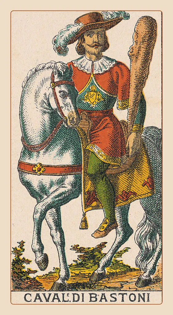 Card from a tarot deck featuring a person on horseback with a large stick, labeled 'Caval Di Bastoni'.