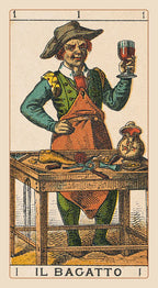 Vintage card featuring a character labeled 'Il Bagatto' holding a glass of wine.