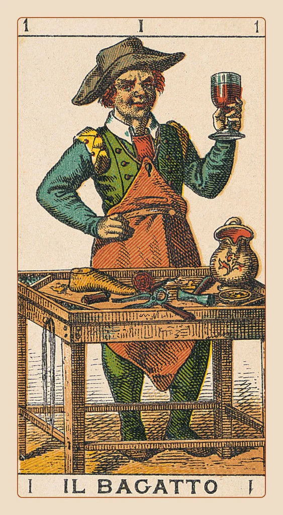 Vintage card featuring a character labeled 'Il Bagatto' holding a glass of wine.