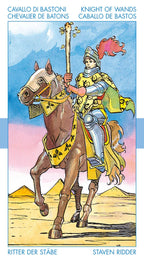 Knight on horseback with a colorful background, likely from a tarot card or similar artwork.