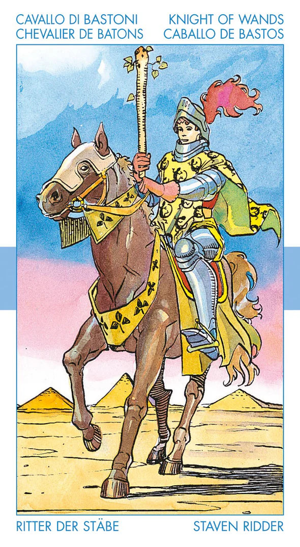Knight on horseback with a colorful background, likely from a tarot card or similar artwork.