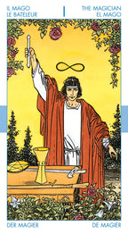 Tarot card featuring a figure in robes holding a candle against a yellow background with flowers and trees.