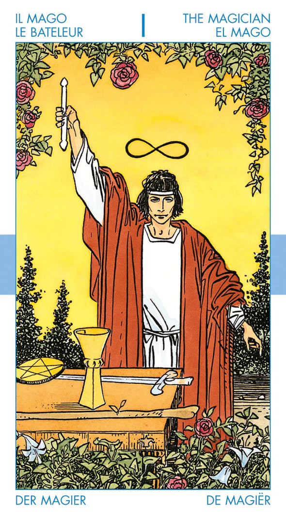 Tarot card featuring a figure in robes holding a candle against a yellow background with flowers and trees.