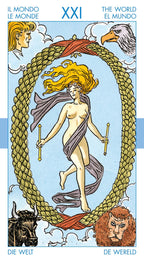 Tarot card titled 'The World' with a woman, eagle, and other symbols on a blue background