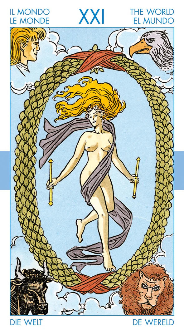 Tarot card titled 'The World' with a woman, eagle, and other symbols on a blue background