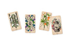 Set of four cards with botanical designs and a pen on a white background