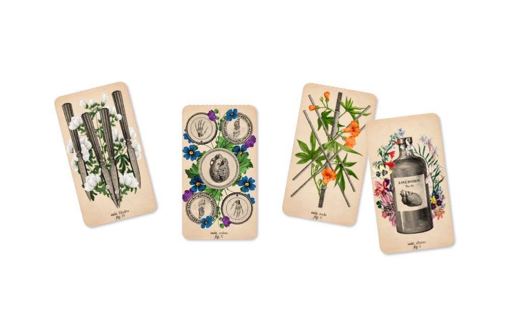 Set of four cards with botanical designs and a pen on a white background